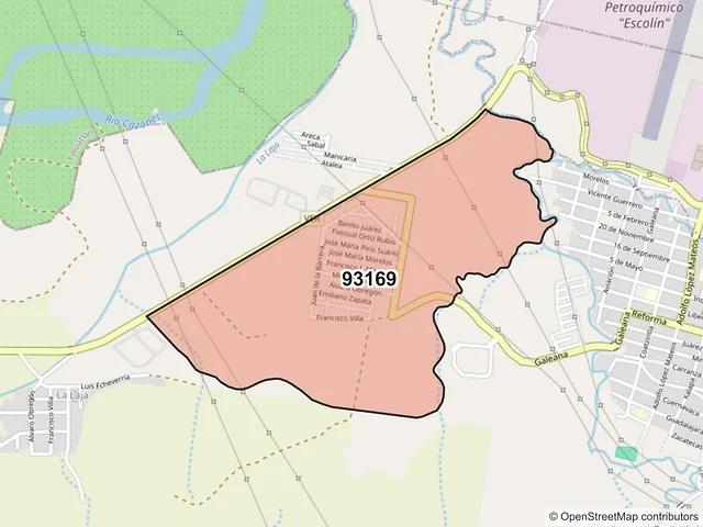 Mapa del código postal 93169, Coatzintla, Veracruz de Ignacio de la Llave