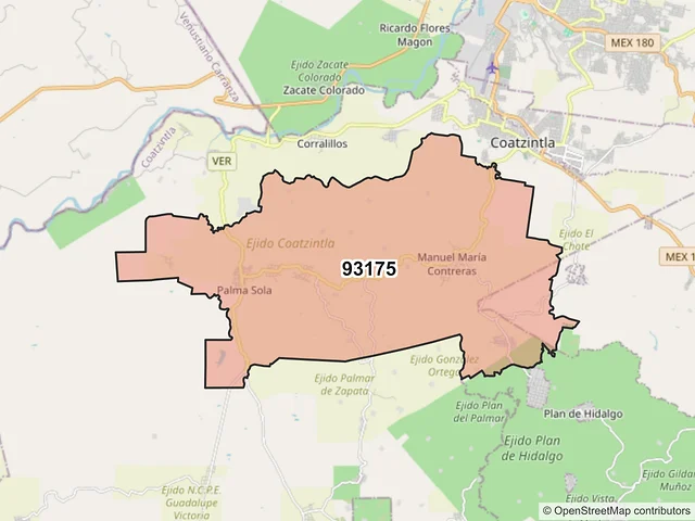 Mapa del código postal 93175, Coatzintla, Veracruz de Ignacio de la Llave