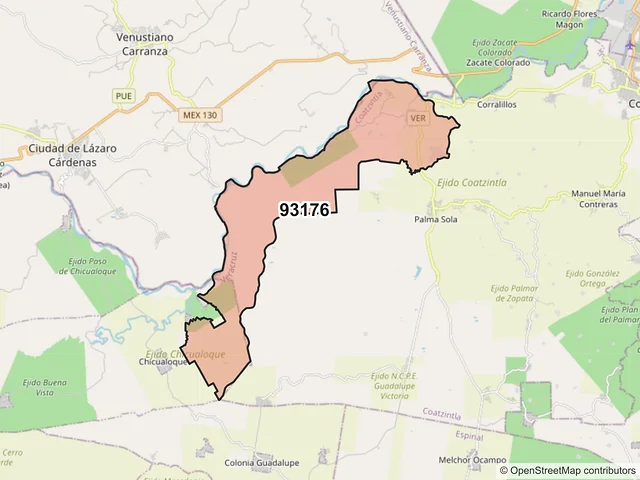 Mapa del código postal 93176, Coatzintla, Veracruz de Ignacio de la Llave