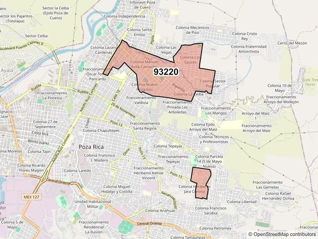 Mapa del código postal 93220, Poza Rica de Hidalgo, Veracruz de Ignacio de la Llave