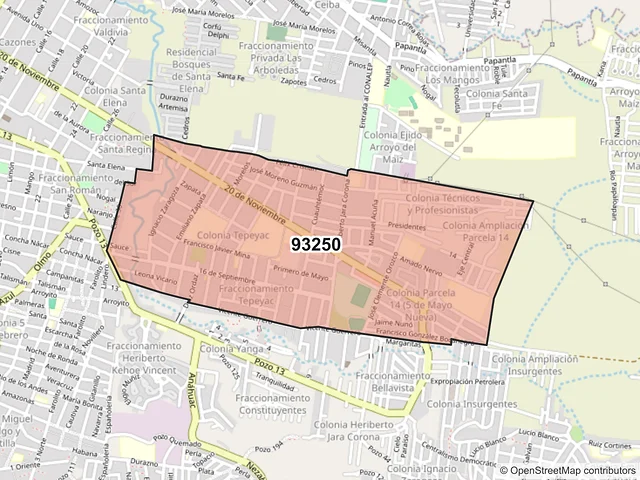 Mapa del código postal 93250, Poza Rica de Hidalgo, Veracruz de Ignacio de la Llave
