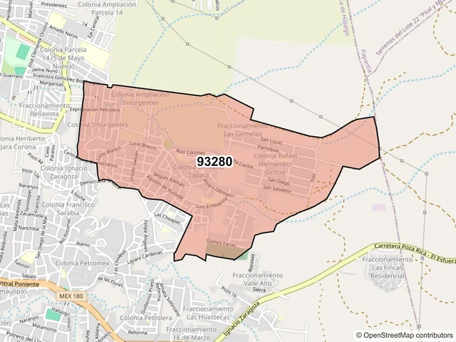 Mapa del código postal 93280, Poza Rica de Hidalgo, Veracruz de Ignacio de la Llave