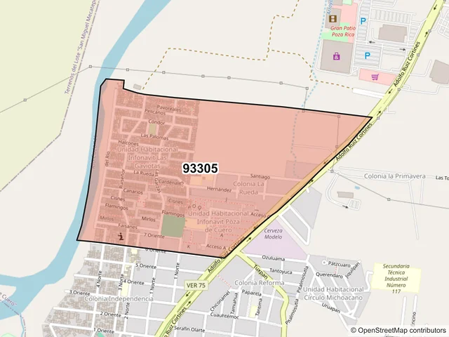 Mapa del código postal 93305, Poza Rica de Hidalgo, Veracruz de Ignacio de la Llave