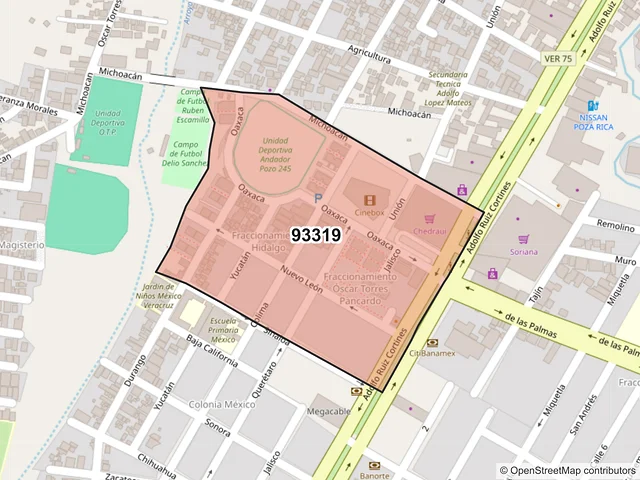 Mapa del código postal 93319, Poza Rica de Hidalgo, Veracruz de Ignacio de la Llave