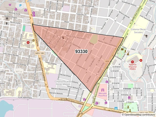 Mapa del código postal 93330, Poza Rica de Hidalgo, Veracruz de Ignacio de la Llave