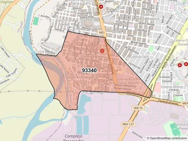 Mapa del código postal 93340, Poza Rica de Hidalgo, Veracruz de Ignacio de la Llave