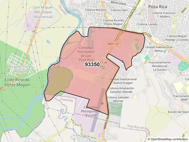 Mapa del código postal 93350, Poza Rica de Hidalgo, Veracruz de Ignacio de la Llave