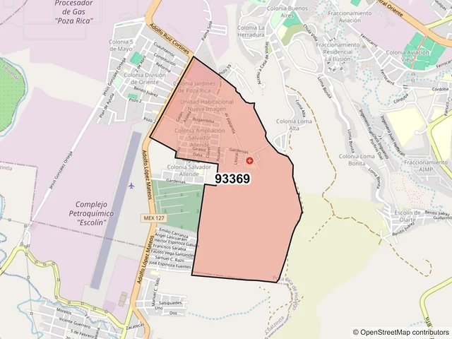 Mapa del código postal 93369, Poza Rica de Hidalgo, Veracruz de Ignacio de la Llave