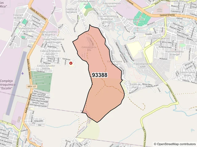 Mapa del código postal 93388, Poza Rica de Hidalgo, Veracruz de Ignacio de la Llave