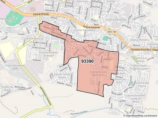 Mapa del código postal 93390, Poza Rica de Hidalgo, Veracruz de Ignacio de la Llave