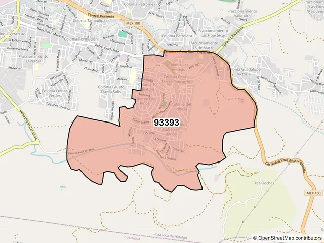 Mapa del código postal 93393, Poza Rica de Hidalgo, Veracruz de Ignacio de la Llave