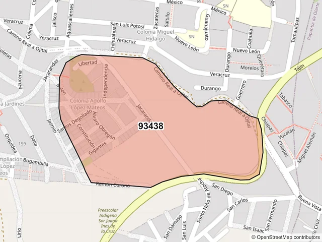 Mapa del código postal 93438, Papantla, Veracruz de Ignacio de la Llave