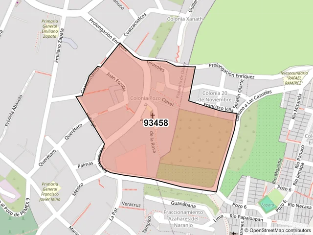 Mapa del código postal 93458, Papantla, Veracruz de Ignacio de la Llave