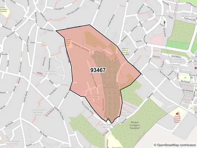 Mapa del código postal 93467, Papantla, Veracruz de Ignacio de la Llave