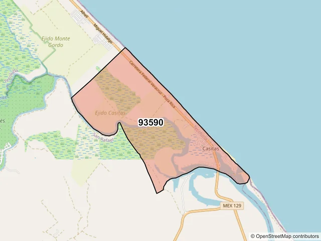 Mapa del código postal 93590, Tecolutla, Veracruz de Ignacio de la Llave