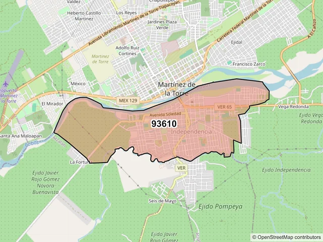 Mapa del código postal 93610, Martínez de la Torre, Veracruz de Ignacio de la Llave