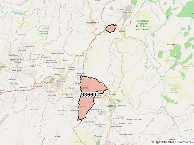 Mapa del código postal 93660, Jalacingo, Veracruz de Ignacio de la Llave