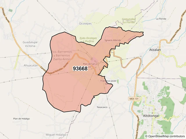 Mapa del código postal 93668, Jalacingo, Veracruz de Ignacio de la Llave