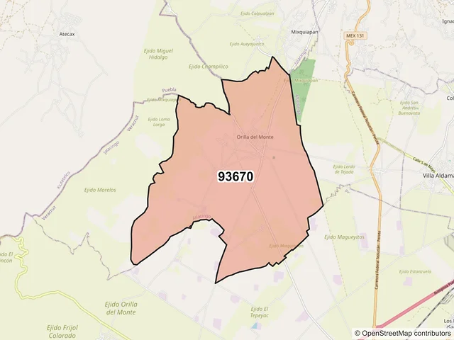 Mapa del código postal 93670, Jalacingo, Veracruz de Ignacio de la Llave