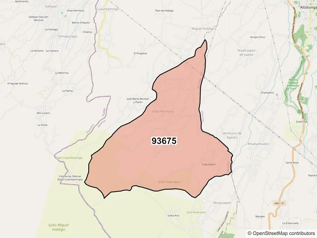 Mapa del código postal 93675, Jalacingo, Veracruz de Ignacio de la Llave