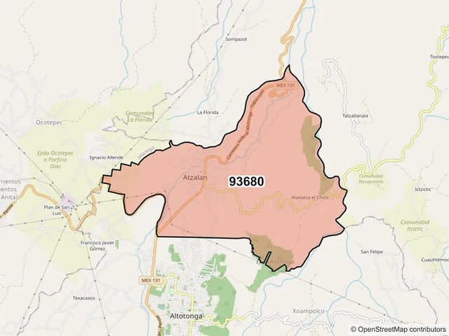 Mapa del código postal 93680, Atzalan, Veracruz de Ignacio de la Llave