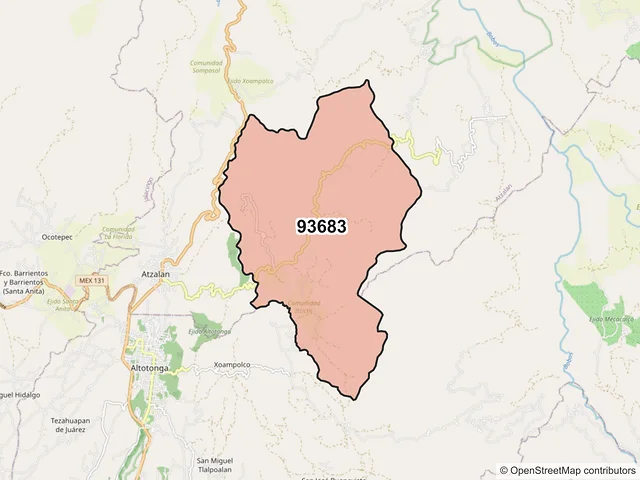 Mapa del código postal 93683, Atzalan, Veracruz de Ignacio de la Llave