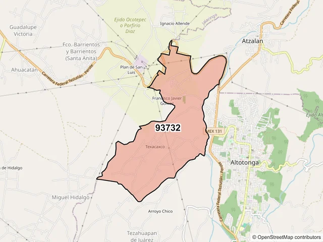 Mapa del código postal 93732, Altotonga, Veracruz de Ignacio de la Llave