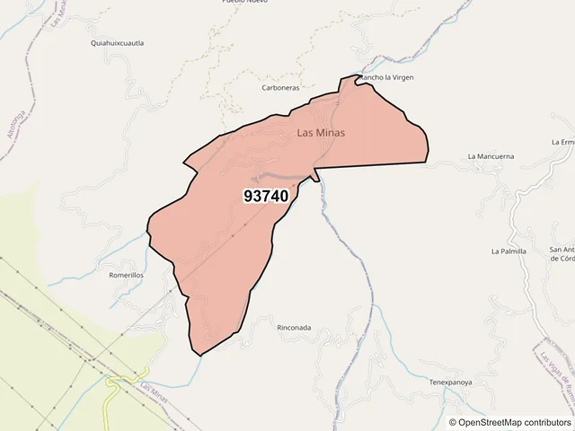 Mapa del código postal 93740, Las Minas, Veracruz de Ignacio de la Llave