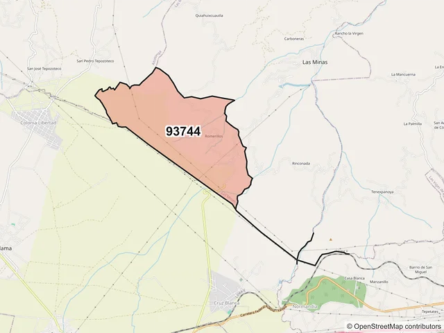 Mapa del código postal 93744, Las Minas, Veracruz de Ignacio de la Llave