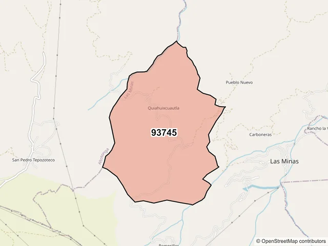 Mapa del código postal 93745, Las Minas, Veracruz de Ignacio de la Llave
