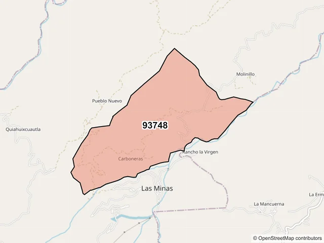 Mapa del código postal 93748, Las Minas, Veracruz de Ignacio de la Llave