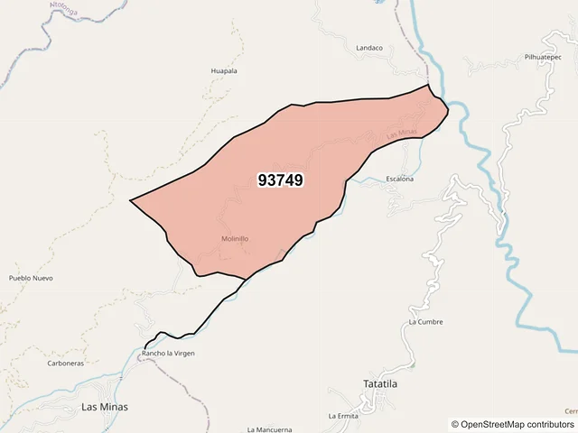 Mapa del código postal 93749, Las Minas, Veracruz de Ignacio de la Llave