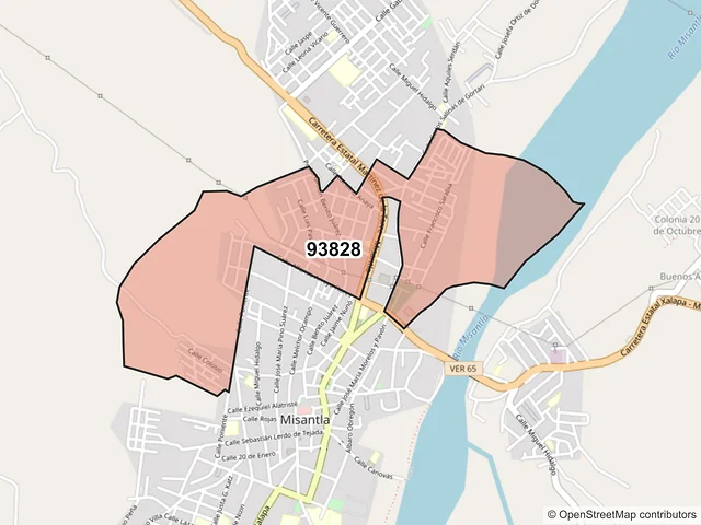Mapa del código postal 93828, Misantla, Veracruz de Ignacio de la Llave