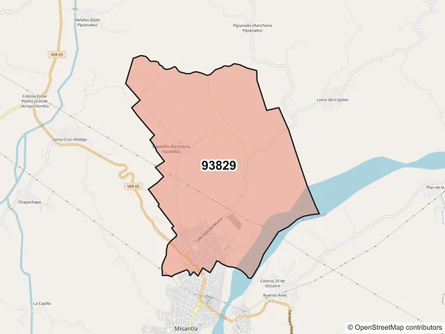 Mapa del código postal 93829, Misantla, Veracruz de Ignacio de la Llave