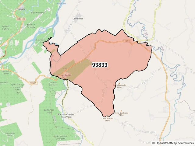 Mapa del código postal 93833, Misantla, Veracruz de Ignacio de la Llave