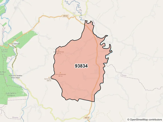 Mapa del código postal 93834, Misantla, Veracruz de Ignacio de la Llave