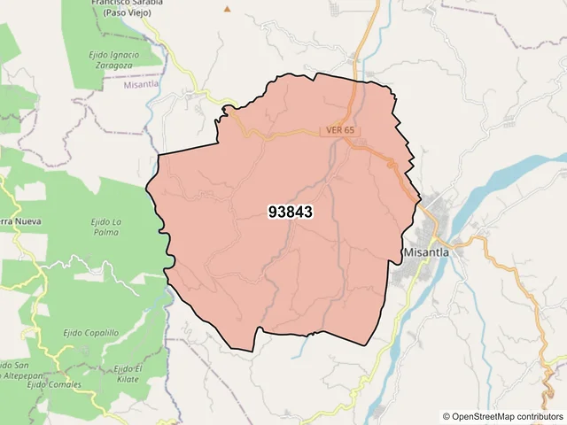 Mapa del código postal 93843, Misantla, Veracruz de Ignacio de la Llave