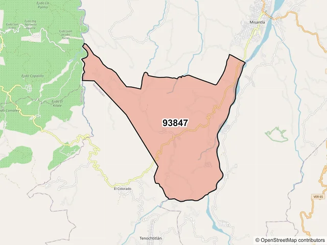Mapa del código postal 93847, Misantla, Veracruz de Ignacio de la Llave