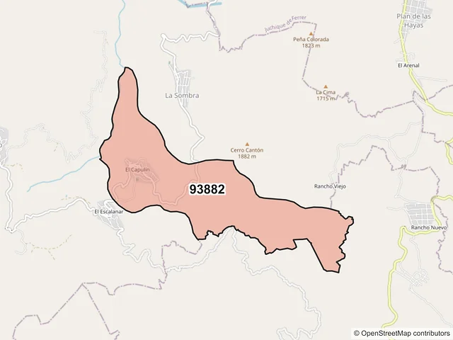 Mapa del código postal 93882, Chiconquiaco, Veracruz de Ignacio de la Llave