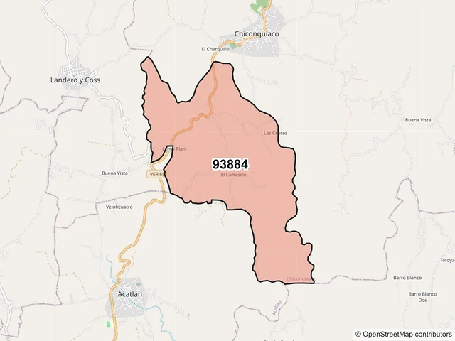 Mapa del código postal 93884, Chiconquiaco, Veracruz de Ignacio de la Llave