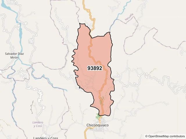 Mapa del código postal 93892, Chiconquiaco, Veracruz de Ignacio de la Llave