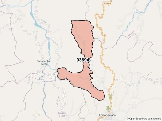 Mapa del código postal 93894, Chiconquiaco, Veracruz de Ignacio de la Llave