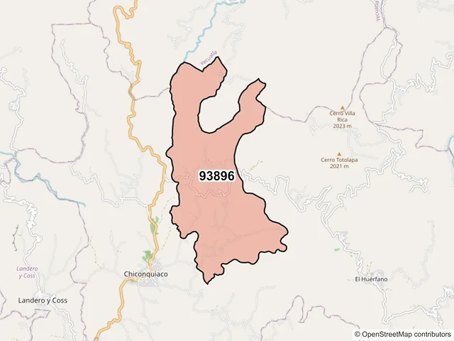 Mapa del código postal 93896, Chiconquiaco, Veracruz de Ignacio de la Llave