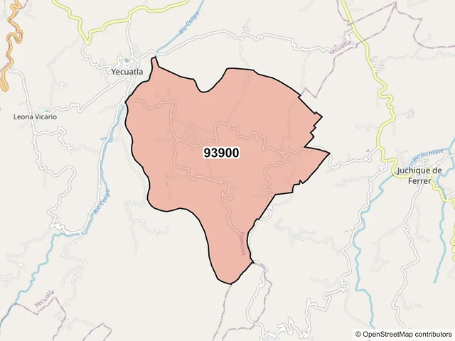 Mapa del código postal 93900, Yecuatla, Veracruz de Ignacio de la Llave