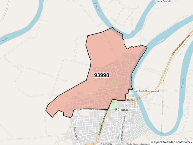Mapa del código postal 93998, Pánuco, Veracruz de Ignacio de la Llave