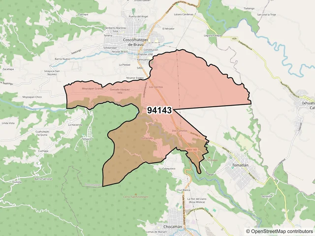 Mapa del código postal 94143, Coscomatepec, Veracruz de Ignacio de la Llave