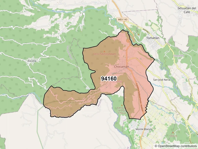 Mapa del código postal 94160, Chocamán, Veracruz de Ignacio de la Llave