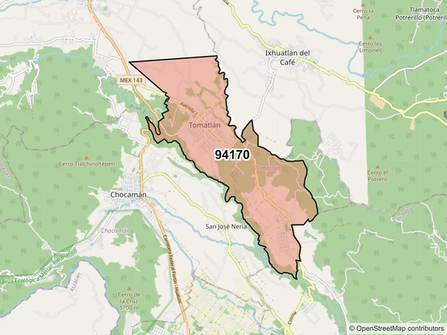 Mapa del código postal 94170, Tomatlán, Veracruz de Ignacio de la Llave