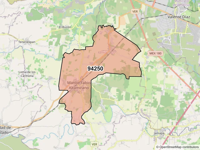 Mapa del código postal 94250, Manlio Fabio Altamirano, Veracruz de Ignacio de la Llave
