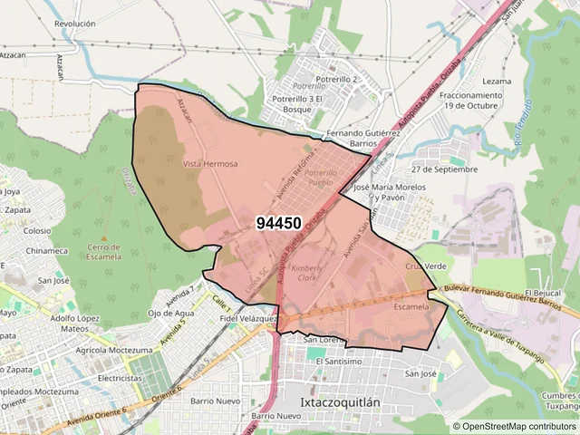 Mapa del código postal 94450, Ixtaczoquitlán, Veracruz de Ignacio de la Llave